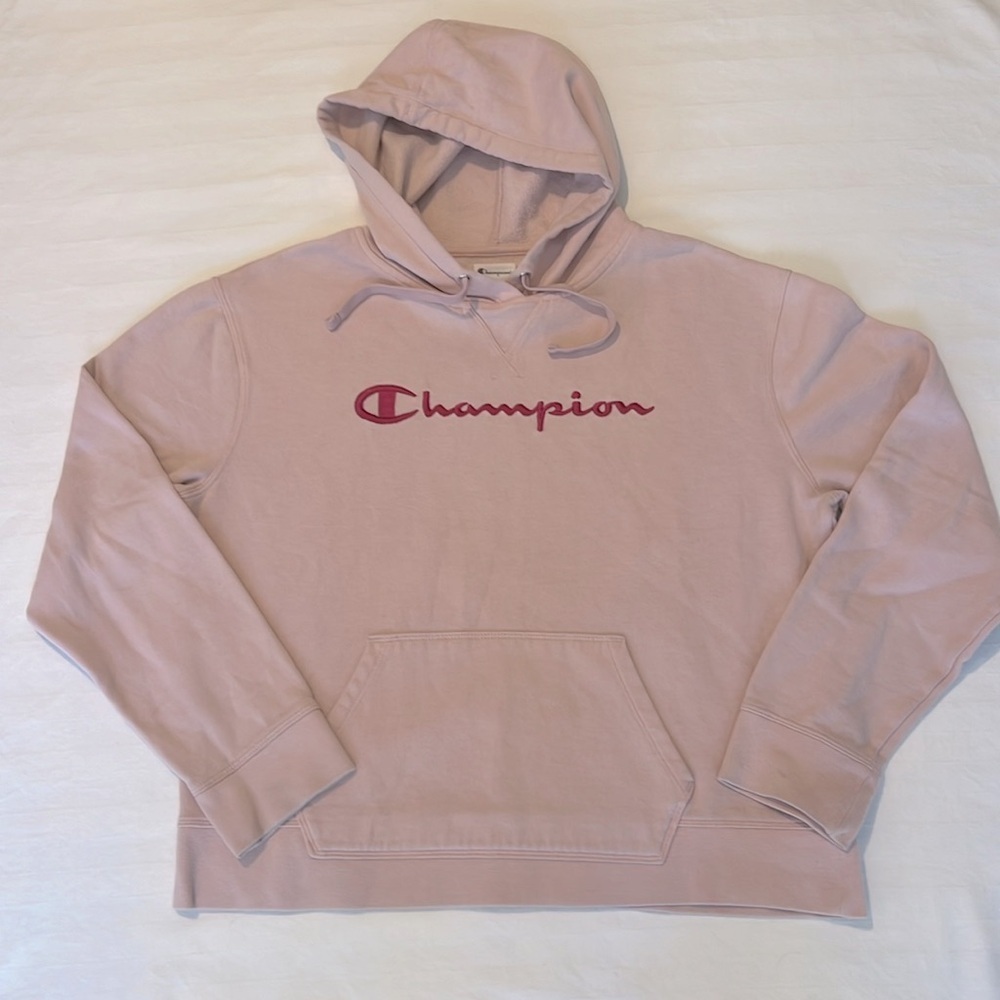 Champion embroidered logo, baby pink hoodie